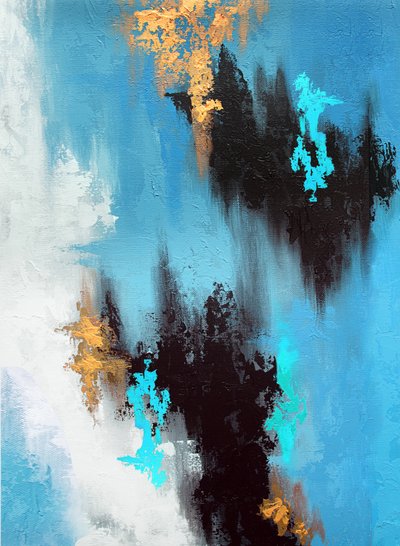 Dynamisch blauw-goud abstract door Alyson Storms