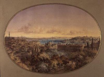 Uitzicht op Constantinopel vanaf Galata richting de Gouden Hoorn en de Bosporus door Amadeo Preziosi