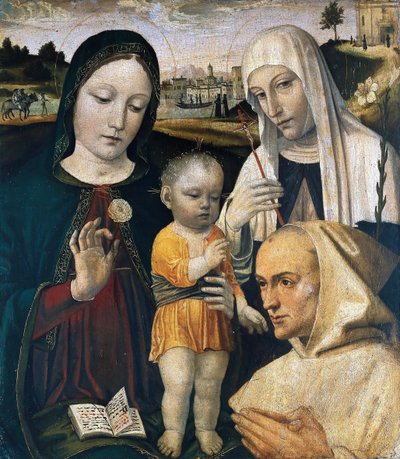 Madonna en Kind, Sint Catharina van Siena en een Kartuizer Monnik, ca. 1490 door Ambrogio Bergognone