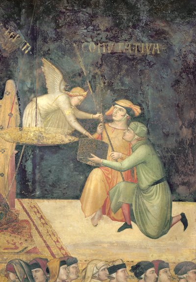 Allegorie van Goed Bestuur, detail van het effect van commutatieve gerechtigheid, 1338-40 door Ambrogio Lorenzetti