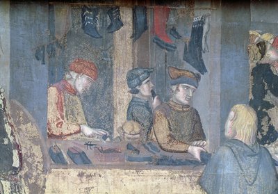 Effecten van goed bestuur in de stad, detail van een koopman en ambachtslieden in de schoenmakerij door Ambrogio Lorenzetti