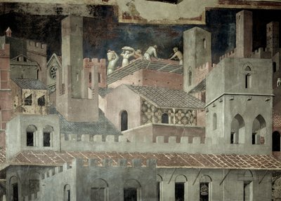 Effecten van Goed Bestuur in de Stad, detail van architectuur en constructie van een huis door Ambrogio Lorenzetti