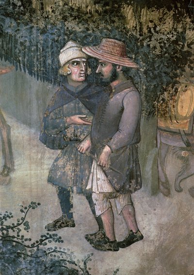 Effecten van Goed Bestuur op het Platteland, detail (twee mannen die wandelen en praten) door Ambrogio Lorenzetti