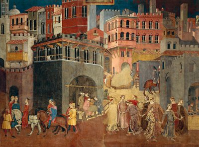 Effecten van goed bestuur in de stad, detail van Allegorie en effecten van goed en slecht bestuur in stad en land door Ambrogio Lorenzetti