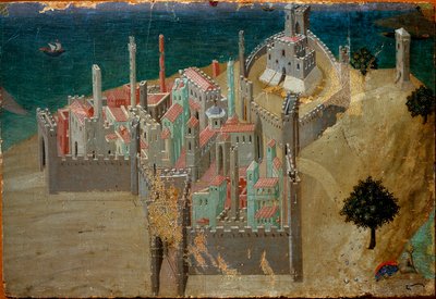 Uitzicht op een versterkte stad bij de zee (detail) door Ambrogio Lorenzetti