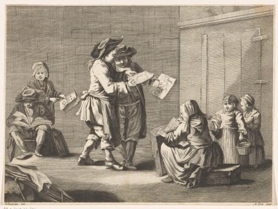 Vijf mannen en vrouwen die prenten bekijken door Ambrogio Orio