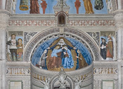 Kroning van de Maagd Maria met God en de Heilige Geest tussen Francesco en Ludovico Sforza door Ambrogio da Fossano