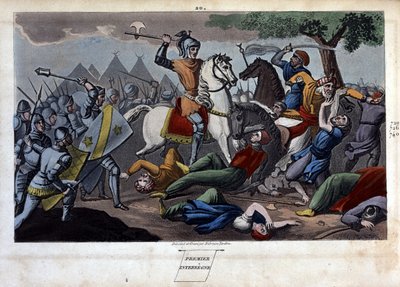 Slag bij Poitiers: Karel Martel verslaat tussen Tours en Poitiers Abd al-Rahman I of Abderamane I (Abd al-Rahman) (731-788), koning van de Saracenen in 732 - Ontworpen en gegraveerd door Ambrose Tardieu in 1825 door Ambroise Tardieu