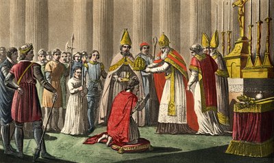 Karel de Grote (742-814) gekroond door paus Leo III (ca. 750-816) in de Sint-Pietersbasiliek in Rome op 25 december 800 - Heiliging (Kroning) van Karel de Grote (742 - 814) in 800 door paus Leo III. Ontworpen en gegraveerd door Ambroise Tardieu in 1825. door Ambroise Tardieu