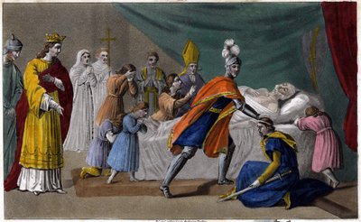 Dood van Pepijn van Herstal (635-714) omringd door zijn familie - Dood van Pepijn van Herstal (grootvader van Pepijn de Korte), omringd door zijn familie en in aanwezigheid van Dagobert III (714) - Getekend en gegraveerd door Ambroise Tardieu in 1825 door Ambroise Tardieu