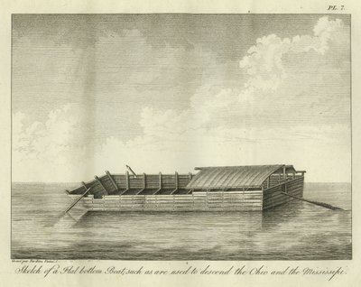 Schets van een Platte Bodemboot, zoals gebruikt om de Ohio en de Mississippi af te dalen, gepubliceerd in 1826 door Ambroise Tardieu