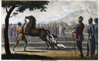 De dood van koningin Brunhilda van Austrasië, een Visigotische prinses, getrouwd met koning Sigebert I van Austrasië - Dood van Brunehaut bevolen door Clotaire II (613). Getekend en gegraveerd door Ambroise Tardieu in 1825. door Ambroise Tardieu