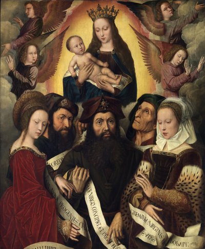 Dutch: Maria met kind omringd door engelen, profeten en sibillen Deipara Virgo door Ambrosius Benson