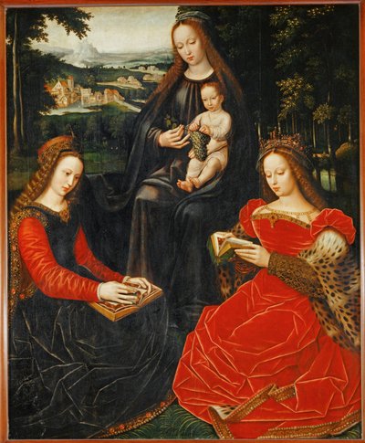 Maagd en kind met Sint Catharina en Sint Barbe ... door Ambrosius Benson