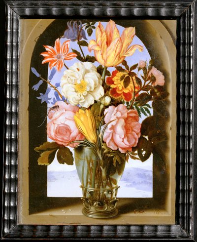 Boeket bloemen in een stenen boog die uitkomt op een ... door Ambrosius II Bosschaert