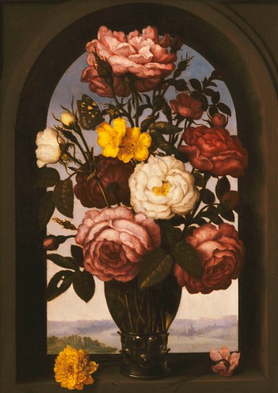 Rozen in een Roemer met een tulpenboterbloem en een cyclamen in een venster, een rivierlandschap daarachter door Ambrosius the Elder Bosschaert