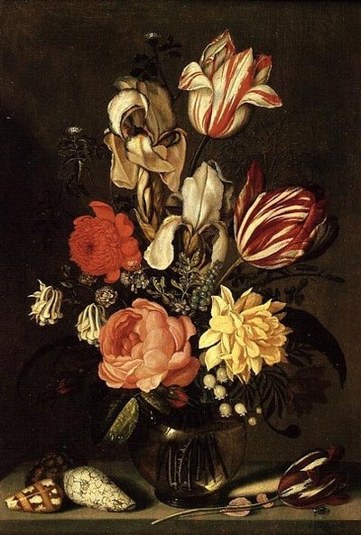 Gemengde bloemen op een richel met schelpen en een vlieg door Ambrosius the Younger Bosschaert