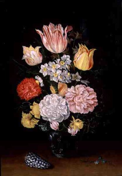 Stilleven van Bloemen met een Schelp door Ambrosius the Younger Bosschaert
