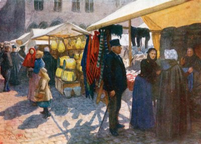 Een hoekje van de markt op de Grote Markt, Brugge (kleurenlitho) door Amedee (after) Forestier