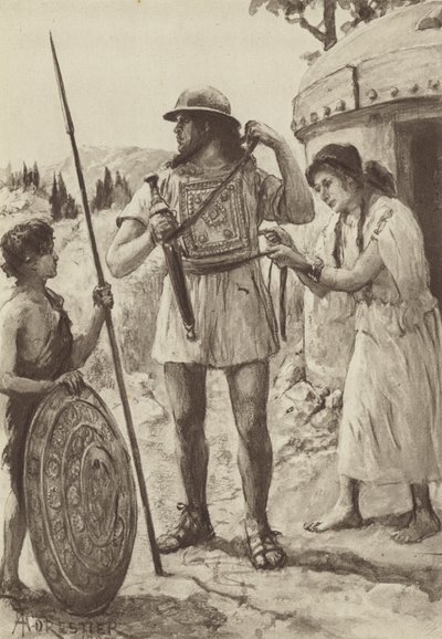 Een Italische boer uit de Bronstijd bewapent zich voor de strijd door Amedee (after) Forestier