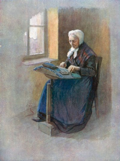 Een oude kantwerkster, Gent (kleurenlitho) door Amedee (after) Forestier