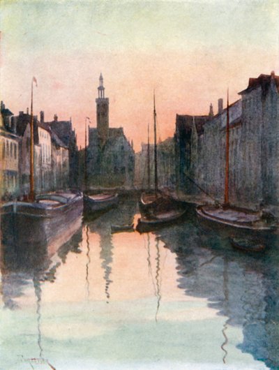 Miroirkaai, Brugge (kleurenlitho) door Amedee (after) Forestier