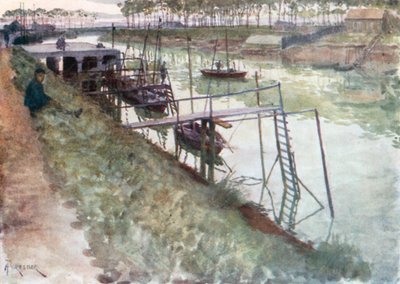 De kade, met palingboten en aanlegsteigers, Nieuport (kleurenlitho) door Amedee (after) Forestier