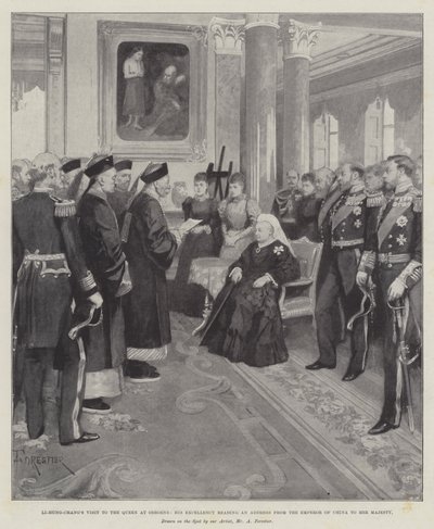 Bezoek van Li-Hung-Chang aan de koningin in Osborne, Zijne Excellentie leest een adres van de keizer van China aan Hare Majesteit door Amedee Forestier