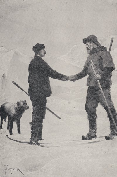 Ontmoeting van poolonderzoekers Frederick George Jackson en Fridtjof Nansen, Franz Josef Land, 1896 door Amedee Forestier