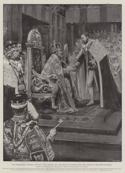 De kroning, vader en zoon, koning Edward en de prins van Wales na de hulde van de erfgenaam door Amedee Forestier