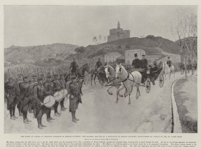 De Koningin in Cimiez, een Aangenaam Voorbeeld van Franse Hoffelijkheid, Hare Majesteit begroet door een Bataljon Franse Infanterie, toevallig ontmoet op de St Andre Weg door Amedee Forestier