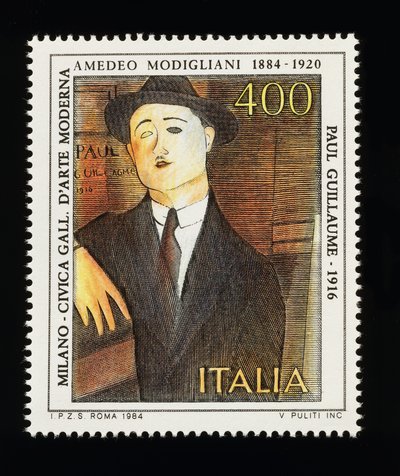 Postzegel uit de Italiaanse kunstserie ter ere van Amedeo Modigliani (1884-1920), met afbeelding van Portret van Paul Guillaume (1916), 400-lire zegel door Amadeo (after) Modigliani
