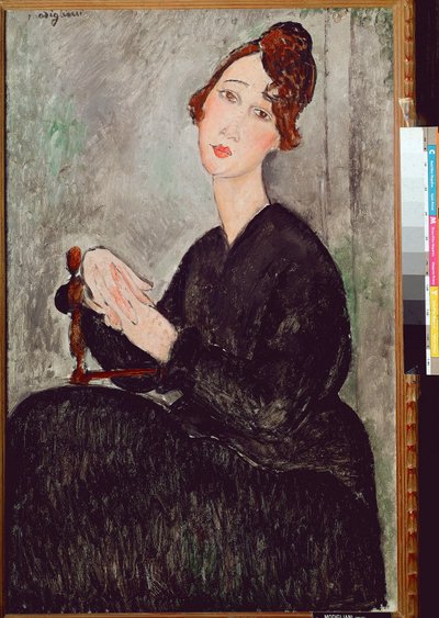Portret van Dedie Hayden (D.H.). Vrouw gekleed in zwart met melancholische uitdrukking. Schilderij door Amedeo Modigliani door Amedeo Modigliani