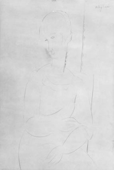 Portret van een zittend jong meisje. Kniebeeld, hoofd naar links door Amedeo Modigliani