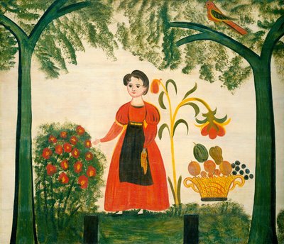 Meisje in Rood met Bloemen en een Distelfink door American 19th Century