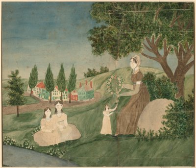 Moeder en drie kinderen maken een bloemenkrans door American 19th Century