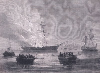 De verbranding van Gaspee, illustratie uit Cassells Geschiedenis van de Verenigde Staten uitgegeven door Cassell, Petter & Galpin, ca. 1900 (litho) door American English school