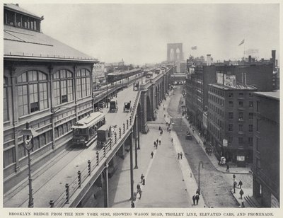Brooklyn Bridge vanaf de New York kant, toont wagenweg, trolley lijn, verhoogde auto