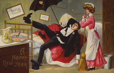 Gelukkig Nieuwjaar, dronken man op bed, dienstmeid kijkt toe (kleurenlitho) door American School