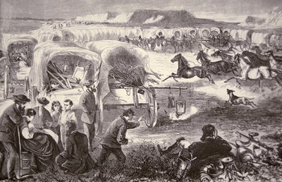 Een Wagenkaravaan gevormd tot een Kraal op de Oregon Trail door American School