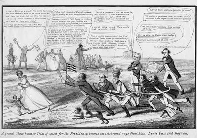 Een grote slavenjacht, of, Proef van snelheid voor het presidentschap, tussen de beroemde paarden Black Dan, Lewis Cass, en Haynau, uitgegeven door T.C., New York, c.1852 door American School