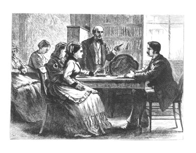 Een vrouw onderhandelt met een fabrieksmanager, bijgestaan door een adviseur van Susan B. Anthonys nieuwe Working Womens Protective Association, 1860s-70s door American School