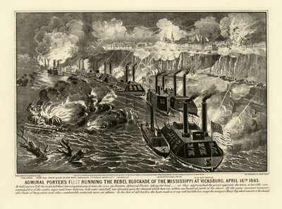 Vloot van admiraal Porter doorbreekt de rebellenblokkade van de Mississippi bij Vicksburg, 16 april 1863, uitgegeven 1863 door American School