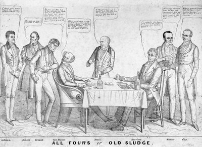 All Fours of Old Sludge, politieke cartoon die president Martin Van Buren (1782-1862) afbeeldt die kaarten speelt tegen William Henry Harrison (1773-1841) te midden van andere staatslieden en politici, 1836 door American School