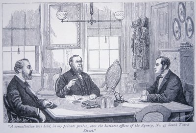 Allan Pinkerton in overleg met klanten in zijn kantoor in Philadelphia door American School