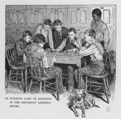 Een avondspelletje domino in het slaapverblijf van de krantenjongens (litho) door American School