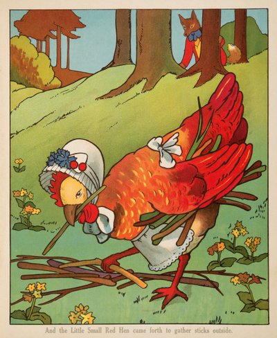 "En het kleine rode hennetje kwam naar buiten om takken te verzamelen", uit Peter Rabbit Little Red Hen and Owl and Pussy Cat uitgegeven door Charles E Graham & Co. c. 1900 (chromolithografie) door American School