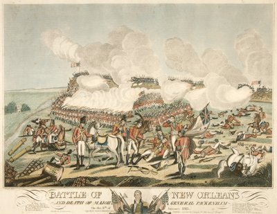 Slag bij New Orleans en dood van Generaal-majoor Packenham op 8 januari 1815, uitgegeven 1815 door American School