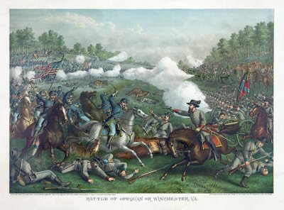 Slag bij Opequan of Winchester, Va., pub. 1890 (kleurenlitho) door American School