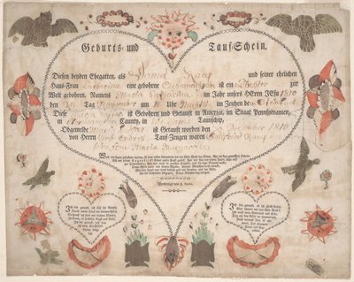 Geboorte- en doopcertificaat voor Maria Catharina Raup c.1806 door American School